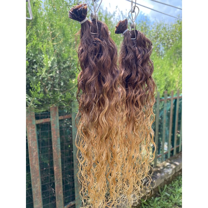 Ciocche XL Ricci capelli veri remy Colore Biondo dorato con base scura