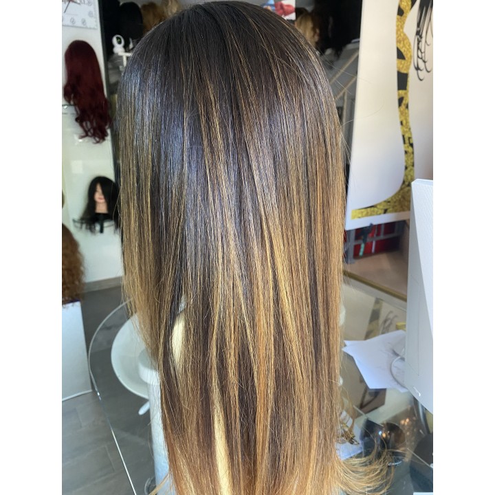 Parrucca con frangia capelli veri Remy Colore Castano  balayage miele