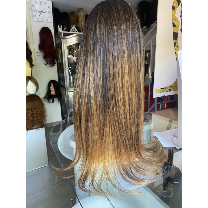 Parrucca con frangia capelli veri Remy Colore Castano  balayage miele