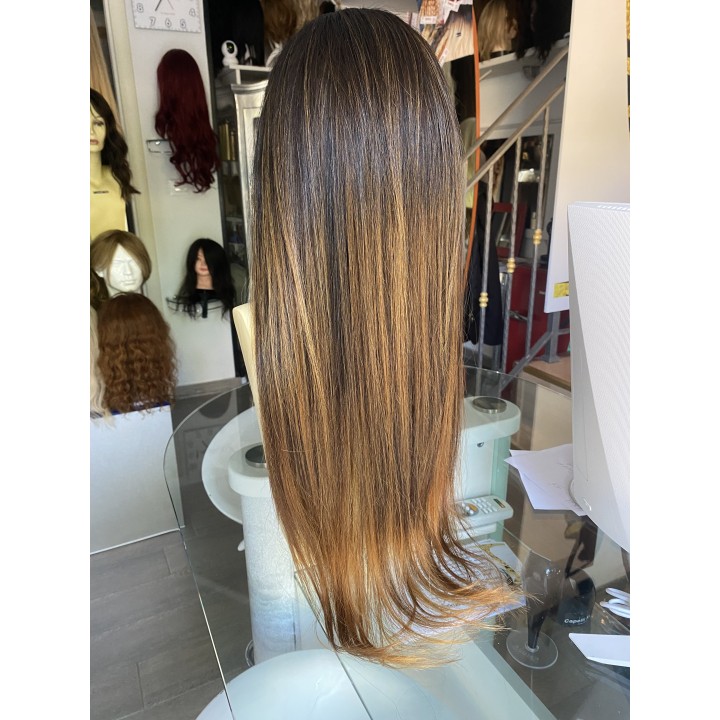 Parrucca con frangia capelli veri Remy Colore Castano  balayage miele