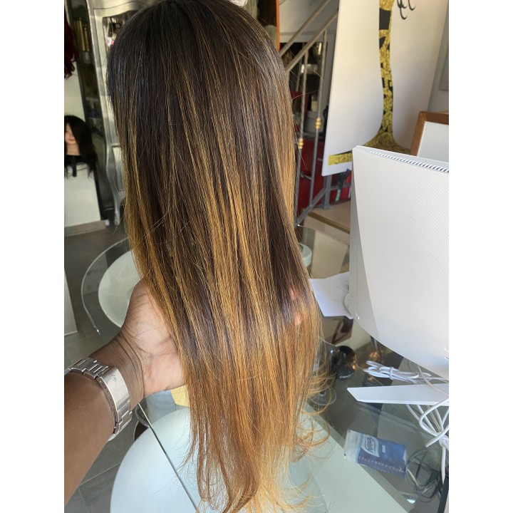 Parrucca con frangia capelli veri Remy Colore Castano  balayage miele