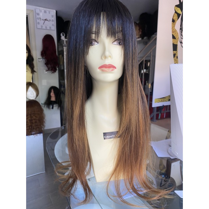 Parrucca con frangia capelli veri Remy Colore Castano  balayage miele