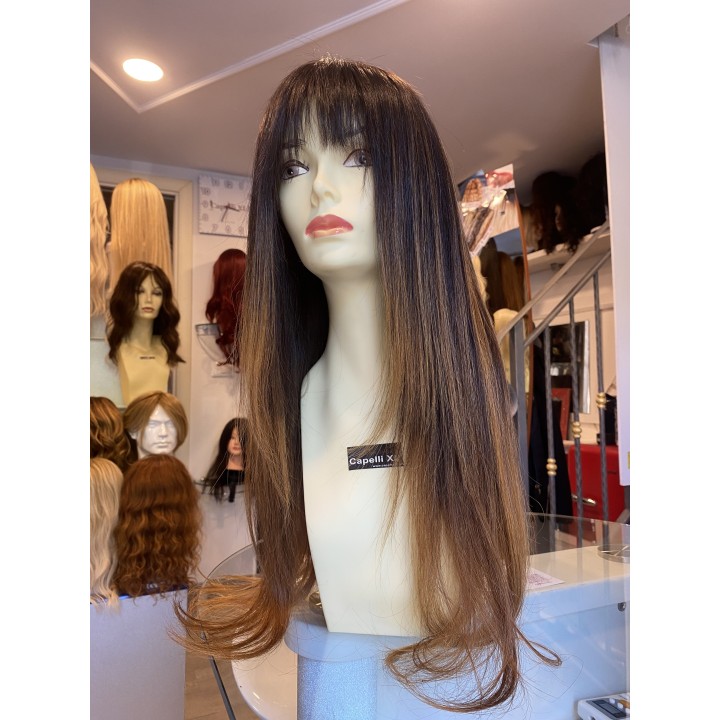 Parrucca con frangia capelli veri Remy Colore Castano  balayage miele